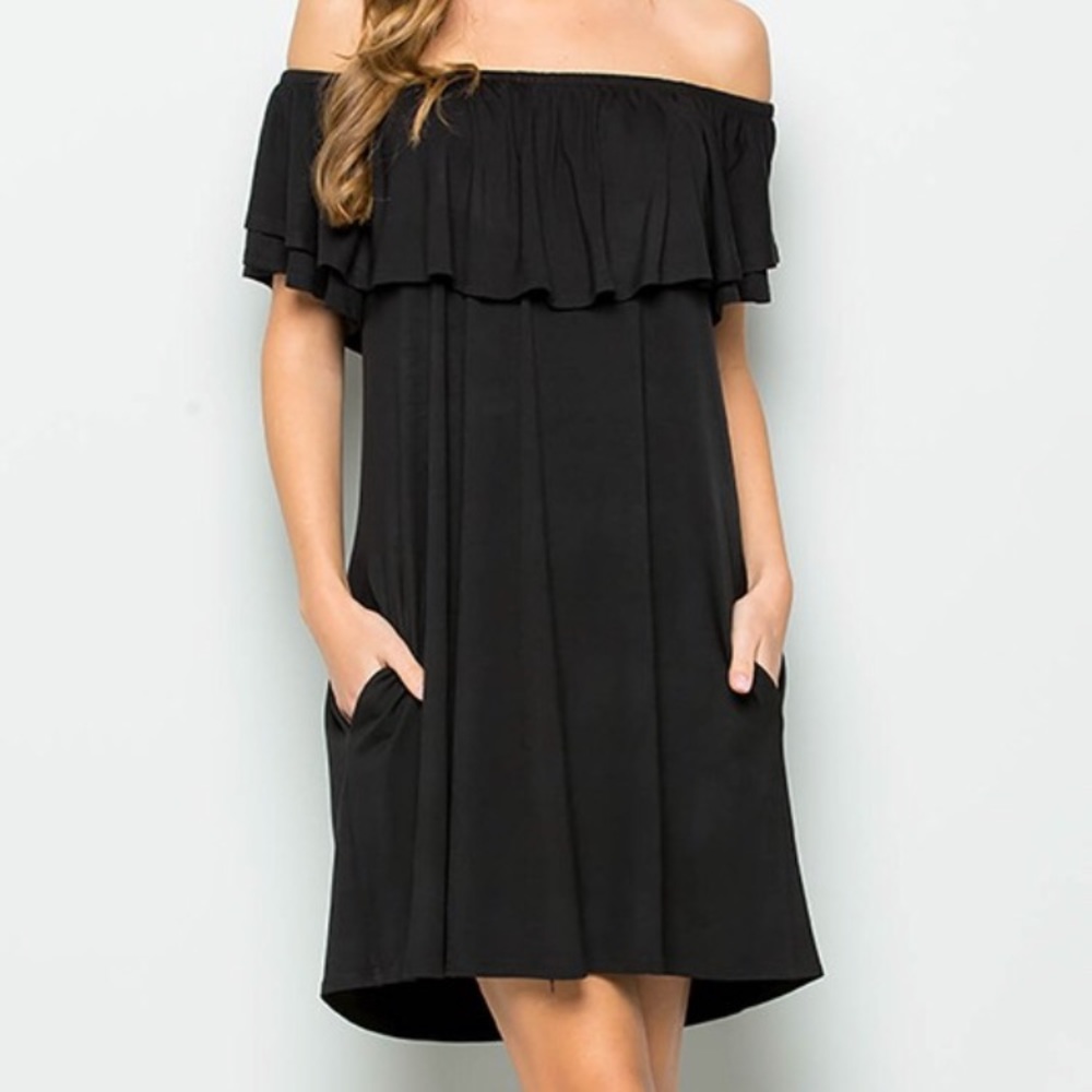 Ruffle Off Shoulder w/pockets Swing LBD Dress - Picture 4 of 5